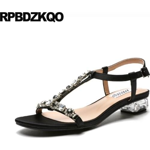 Block Ankle Strap Rhinestone T Perspex Jewel Black Women Sandals 2021 Summer Satin Wedding Shoes Low Heel Bridal Glass Chunky