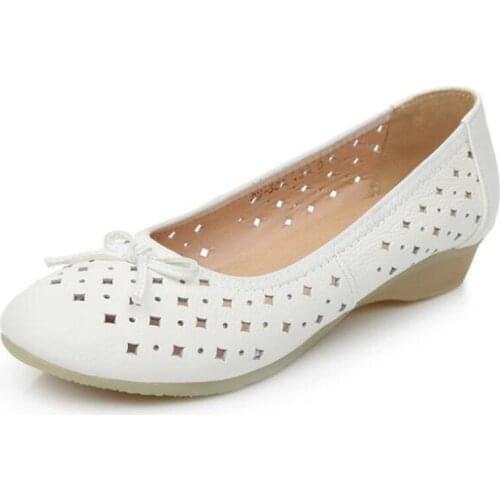 2020 New Hollow Breathable Soft Cowhide White Shoes Nurse Soft Bottom Casual Shoes Flat Shoes Women Leather Shoes Woman Flats