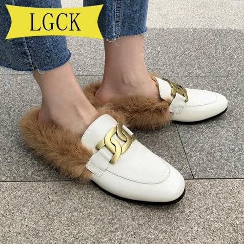 Plus Size 34-43 New Winter Womens Plush Fur Slippers Female Comfortable Flat Ladies Genuine Leather Rabbit Fur Shoes Botas