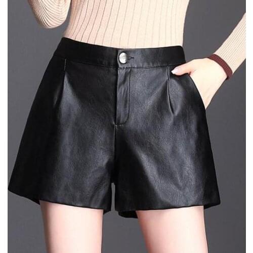 Fall Spring Casual Women Elastic Waist Black Pu Leather 3xl 4xl Shorts , Autumn Winter Casual Wide Leg Loose Female Woman Shorts