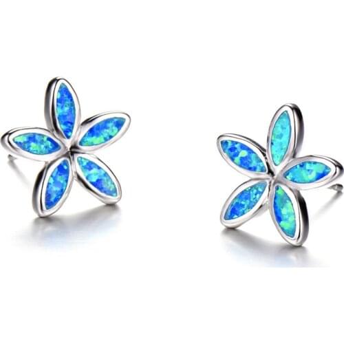Boho Female Cute Flower Stud Earrings 925 Sterling Silver White Blue Opal Snowflake Earrings For Women Vintage Wedding Jewelry
