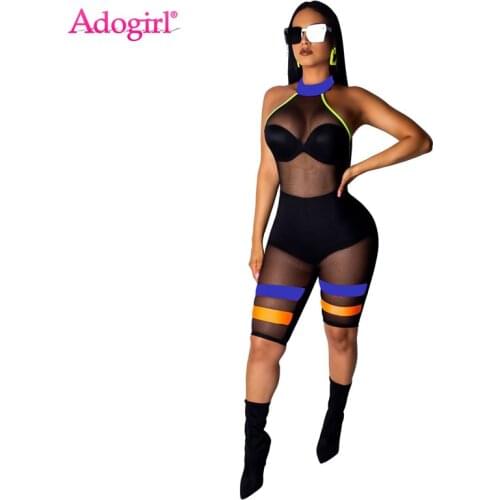 Adogirl Colorful Stripe Patchwork Sheer Mesh Halter Jumpsuit Women Sexy Backless Slim Romper Knee Length Pants Club Playsuits
