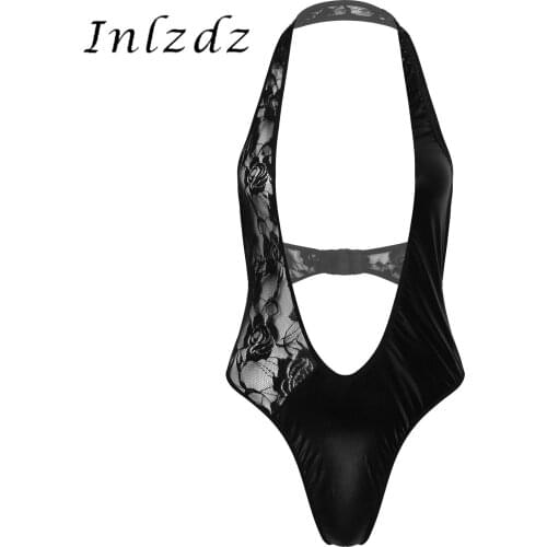 Womens Erotic Lingerie See-Through Lace Bodysuit Halter Neck Deep V Neck Sleeveless Nightwear Patchwork Patent Leather Leotard