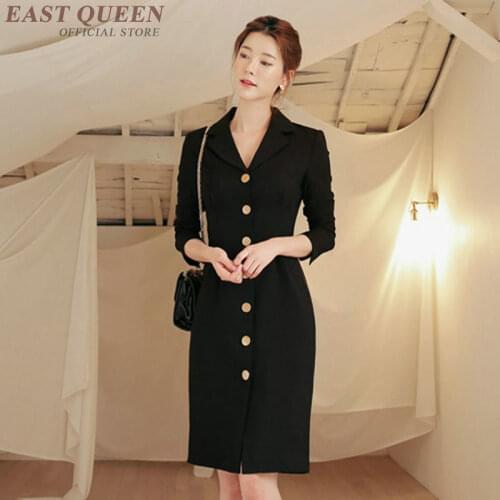 Women Dress Autumn 2019 Long Sleeve Pencil Dress Midi Long Blazer Button Black Casual Office Dresses Ladies 2019 DD2282