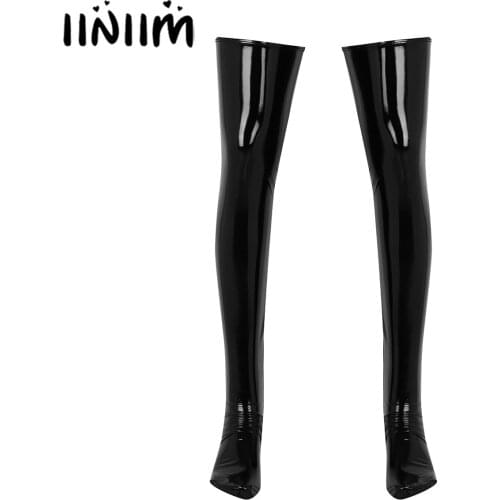 1 Pair Mens Lingerie Thigh High Footed Stockings Anti-skid Elasticity Wetlook Patent Leather Clubwear Costume Cosplay Accessory