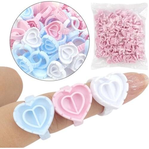 Glue Rings Disposable 100pcs New Heart Shape Eyelash Extension Finger Holder Rings Cup For Eyelashes Extension Tattoo Pigment