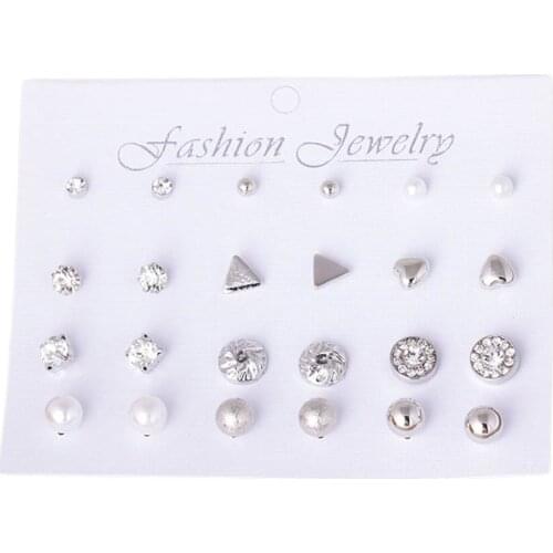 12 Pairs/set Fashion Pearl Stud For Women Hot Selling Triangle/Star/Round Bow Small Earring Set Mix Ear Stud