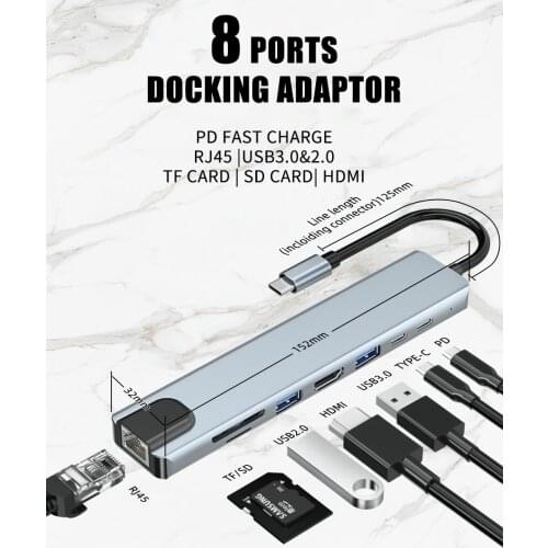 8-in-1 USB C Hub 3.0 Splitter Type C Dock Multiport Adapter 4K HDMI RJ45 Ethernet Input Ports PD for MacBook Pro iPad xiaomi