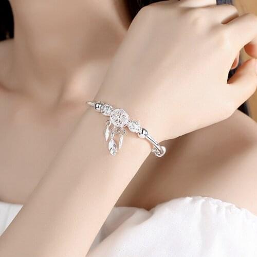 925 Sterling Silver Dreamcatcher Tassel Feather Charm Bracelet &Bangle For Women