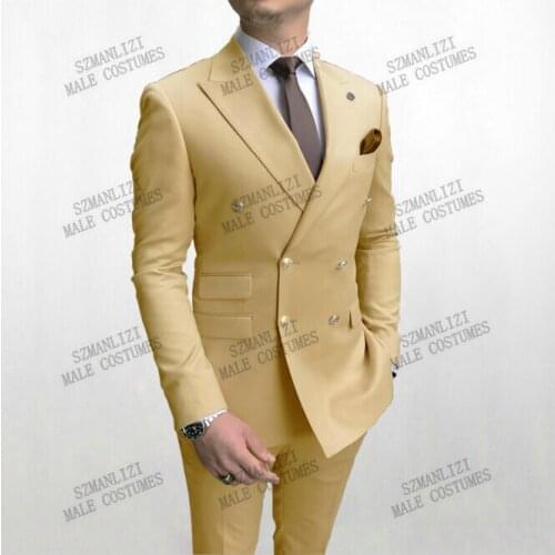 Champagne Gold Buttons Double Breasted Costume Homme Men Suits Slim Fit Wedding Tuxedos Groomn Wear Terno Masculino Prom Blazer