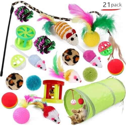21Pcs Cat Toys Teaser Colorful Feather Stick With Small Bell Mouse Cage Ball Tunnel Game Interactive Kitten Toy Goods For Cats