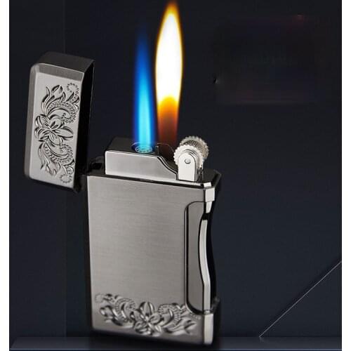 Personalized Carved Double Flame Lighter, Grinding Wheel Open Flame Side Pressure Straight Gas Lighter Smoking Accessories