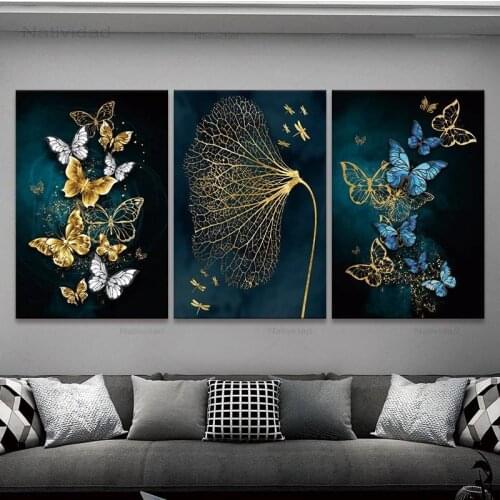 Modern Frameless Canvas Painting Minimalist Poster Blue Gold Butterflies Pictures Mural Decoration for Living Room Home Decor