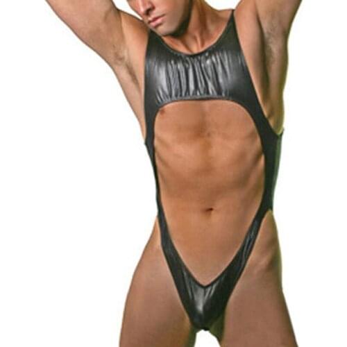 Faux Leather Jumpsuits Black Stretch Sexy Bodycon Erotic Leather Bondage Lingerie with a Big Hole At Front Men Bodysuits