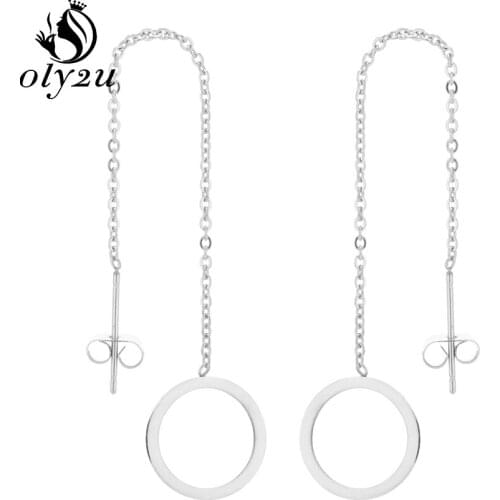 Oly2u Round Stud Earrings For Women Stainless Steel Tassel Circle Studs Earrings Female Long Chain Ear Jewelry brincos