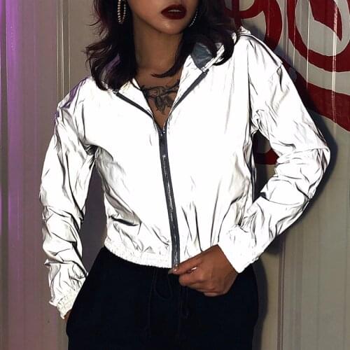 Women Oversize Jacket Reflective Windbreaker Hoodie Zipper Up Outfit Long Sleeve Solid Color Wild Fashion Coat for Autumn Winter