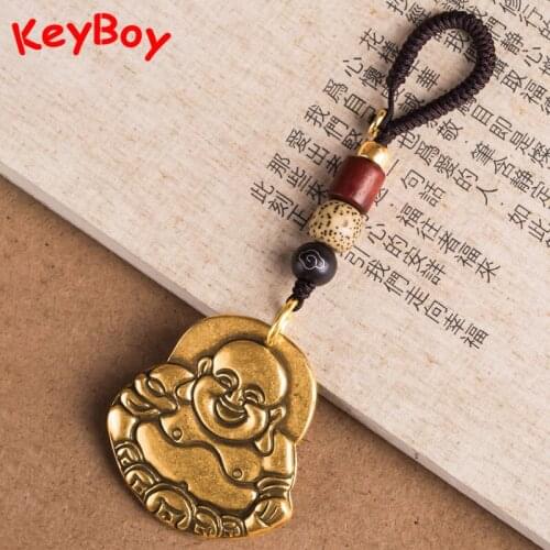 Brass Smiling Maitreya Buddha Figurines Tag Car Key Chain Pendant Jewelry DIY Handmade Bodhi Lanyard Keyring Hanging Accessories