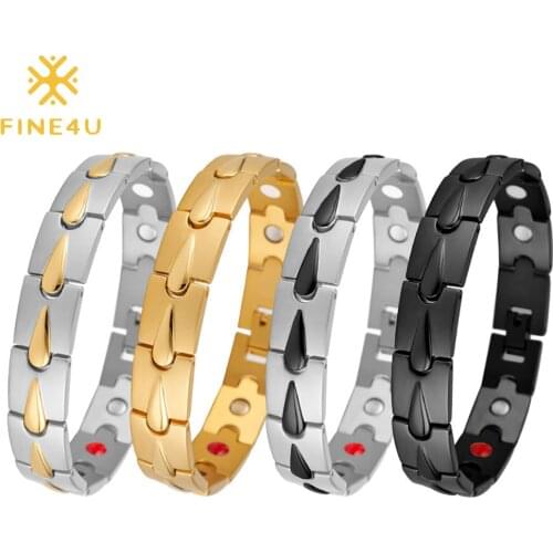 FINE4U B580 Magnetic Stainless Steel Mens Gold Black Color Power Element Bracelet with Magnets