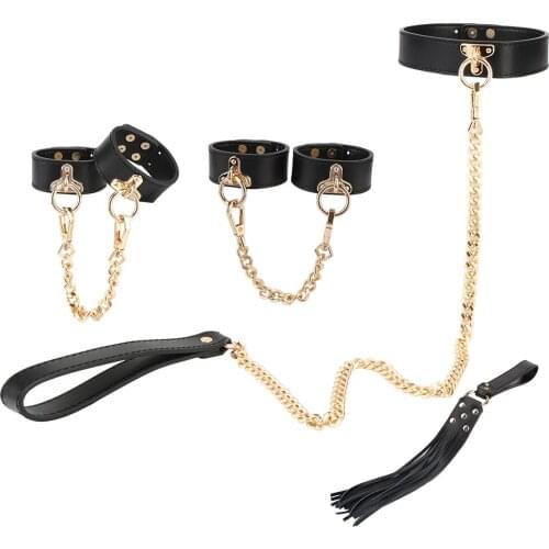 OLO Sex Kits Bondage Set Genuine Leather Erotic Adult Game Handcuffs Whip Collar Auxiliary Belt Sex Toys for Couple Men Women