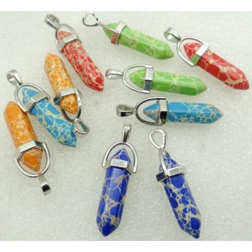 Natural Gem stone Mix Crystal Quartz Unakite Hexagonal Pendulum Reiki Charm Pendants For DIY Jewelry Making Necklaces 10Pcs