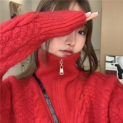 2020 winter new stand-up collar zipper pattern sweater glitter solid color top women fashion bottoming shirt single size MX043