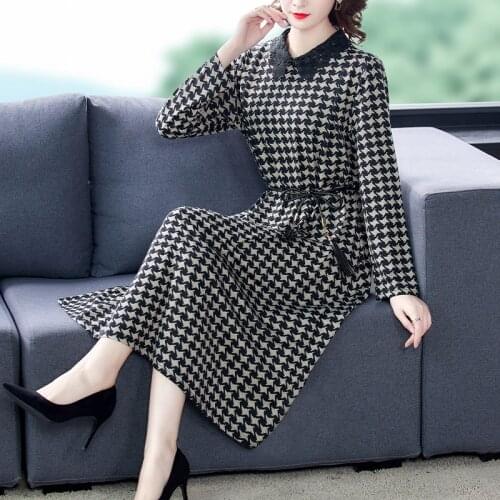 Autumn Winter 5XL Plus Size Knitting Lace Midi Dress Casual Vintage Houndstooth Warm Dress Elegant Women Bodycon Party Vestidos