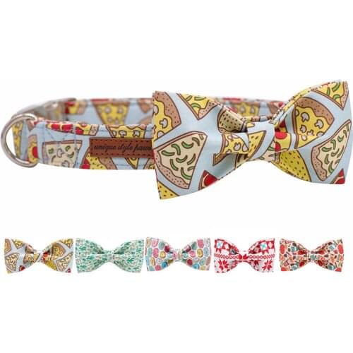 PIZZA Cotton Fabric Dog Collar and Leash Set with Bow Tie for Big and Small Dog Metal Buckle Pet Accessories