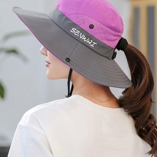 Bucket Hat Wide Brim Quick Drying Breathable Packable Foldable Sunshade Sun Ponytail Cap With Chin Strap Running Basketball Tenn