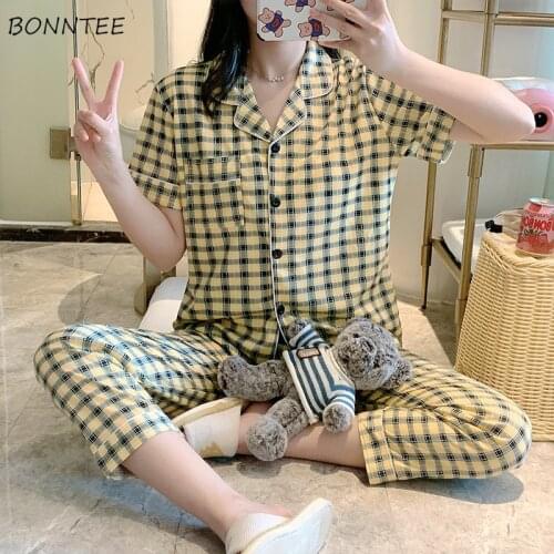 Pajama Sets Women Summer Sleepwear Home Clothes Mujer Nightwear Soft All-match Leisure Chic Plaid Ladies Short-sleeved Girls Ins