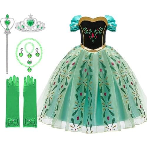Little Girls Princess Dress Children Anna Costume for Carnival Kids Snow Queen Green Holiday Birthday Party Dress Girl Clothes