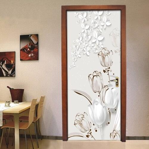 PVC Self-Adhesive Waterproof Door Sticker White Flowers Butterfly Wall Mural Wallpaper 3D Living Room Bedroom Home Decor Sticker