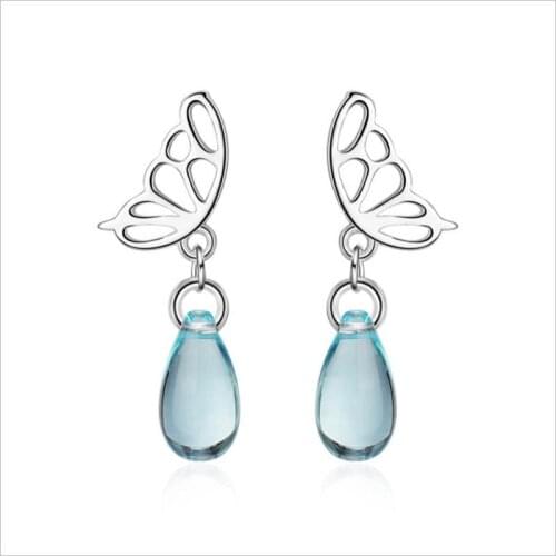 LUKENI Romantic Crystal Blue Butterfly Girl Stud Earrings Jewelry Top Quality 925 Sterling Silver Earrings For Women Accessories