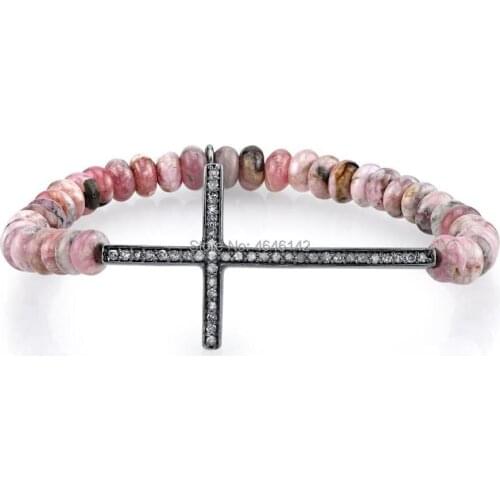 Pink Jades Pave Crystal Cross Stretch Bracelet Boho Chic Bracelet