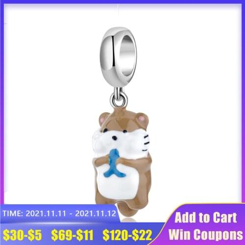 AGATA Silver 925 Cute Animal Beads Fish-eating Otter 925 Silver Charms for Jewelry Making Pandora Bracelet DIY Enamel Pendant
