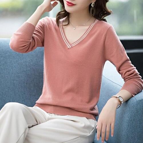 Shintimes Korean Loose Thin Sweater Long Sleeve Knitted Sweaters Pullover Female V-Neck Woman Sweaters Casual Clothes Pull Femme