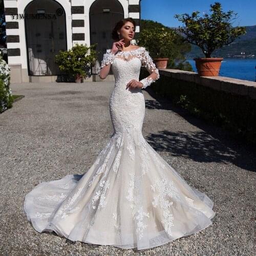Abito Da Sposa Scoop Neck Lace Appliques Mermaid Wedding Dress 2020 Champagnes Long Sleeves Vintage Bridal Gowns Custom Made