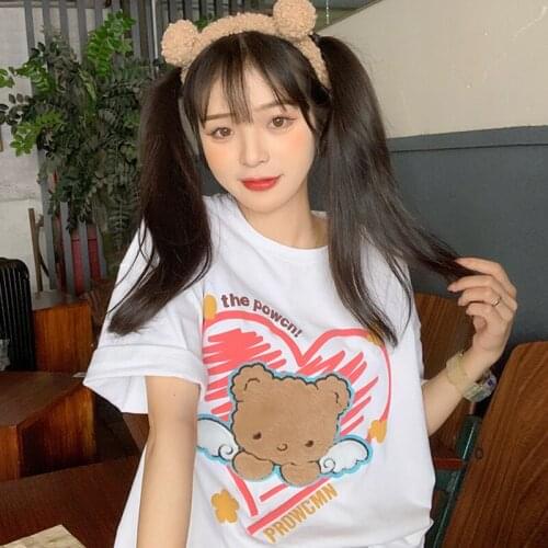 Tops Bear Short-sleeved T-shirt Womens Summer New Style Niche Korean Loose White Clothes