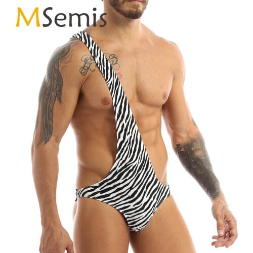 Mens Sissy Leotard Lingerie Sexy Jockstraps Thong Mankini Bodysuit Porno Teddy Nightwear Gay Crossdresser Zebra Striped Catsuit