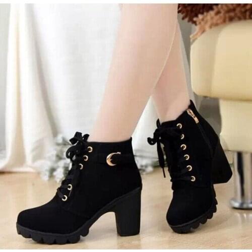 Winter Women Ankle Boots High Chunry Heel Fur Plush Rubber Platform Metal Buckle Zipper Punk Sexy Black Ladies Shoes Botas 35-42