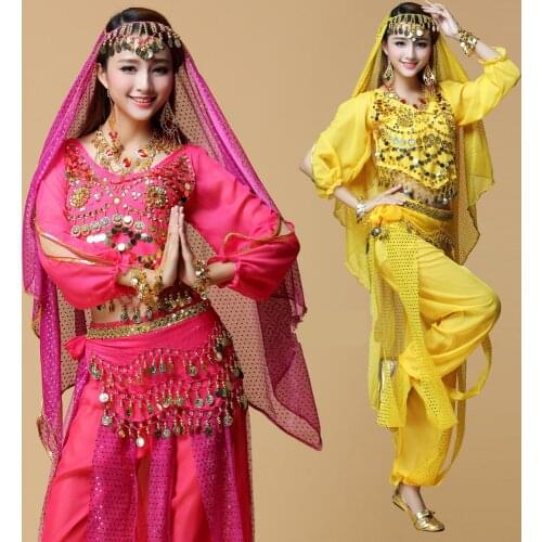 2017 Belly Dancing Costumes 5Pcs Top & Pants & Waist Chain & Veil & necklace Suit Indian Dance Indian Clothes Belli Dancer