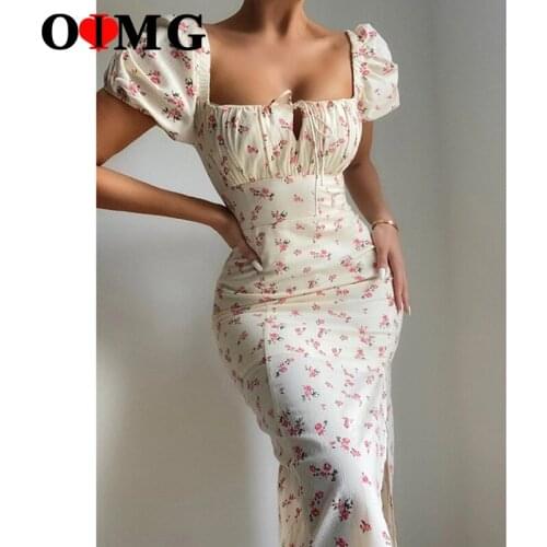 OIMG French Style Floral Dress Retro Square Neck Puff Sleeve Slim Fit Split Dresses Flower Midi Robe Robe Femme Dropship 10265