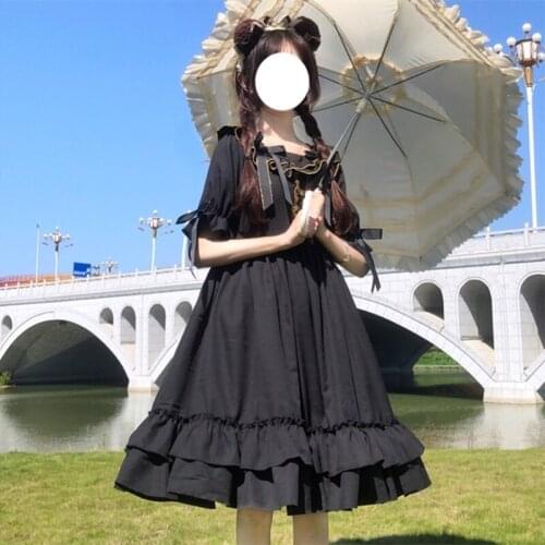 2020 Sweet Summer Lolita Daily Dark Lines Vintage Bow High-Waisted Ruffle gothic lolita dress women kawaii clothing loli
