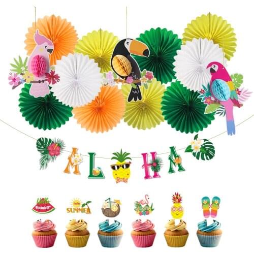 13Pcs Summer Party Decoration Tropical Bird Set Hanging Honeycomb Paper Fans Cupcake Toppers For Birthday Childrens Day Decors
