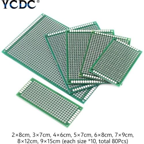 80pcs Double Side Prototype Diy Universal Printed Circuit PCB Board Protoboard 9x15 8x12 7x9 6x8 5x7 4x6 3x7 2x8cm For Arduino