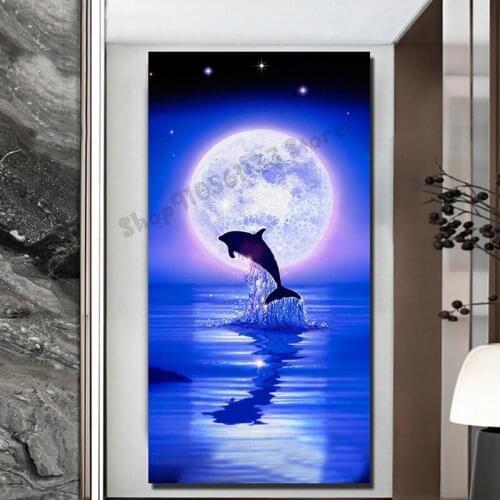 Large size Diamond Embroidery Dolphin Cross Stitch Diamond Painting Kits Animals Sale moon night Rhinestone Handwork Gift GG5023