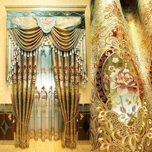 High quality velvet curtain for living room Floral embroidered tulle curtains for bedroom stripe blackout curtains