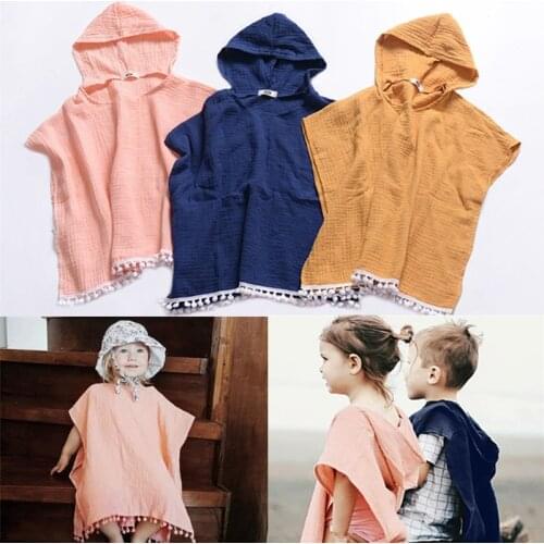 New Summer Baby Kids Long Hooded Cape Sleeveless Cloak Poncho Outwear Beach Swimwear Coverup Bath Robe Towel Wrap for Girls&Boys