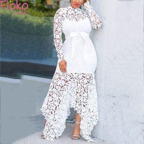 Flokocloset Women Lace Hollow Out Dress Stand Collar Long Sleeve Solid Sexy Lace-Up Long Dresses Party Evening