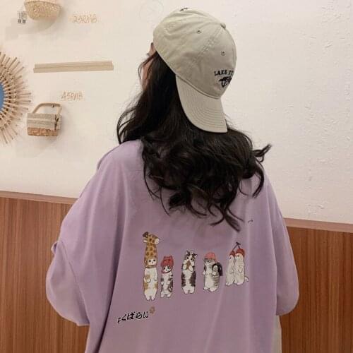 Japanese Kawaii Sweet Cartoon Animal Cat T-Shirt For Girl Harajuku Shirt Aesthetic Gothic Purple Top Oversized y2k Women Dress