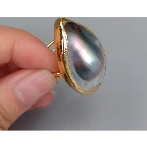 YYGEM Natural 23x35mm Teardrop Gray Mabe Pearl 24K Gold Plated Adjustable Ring